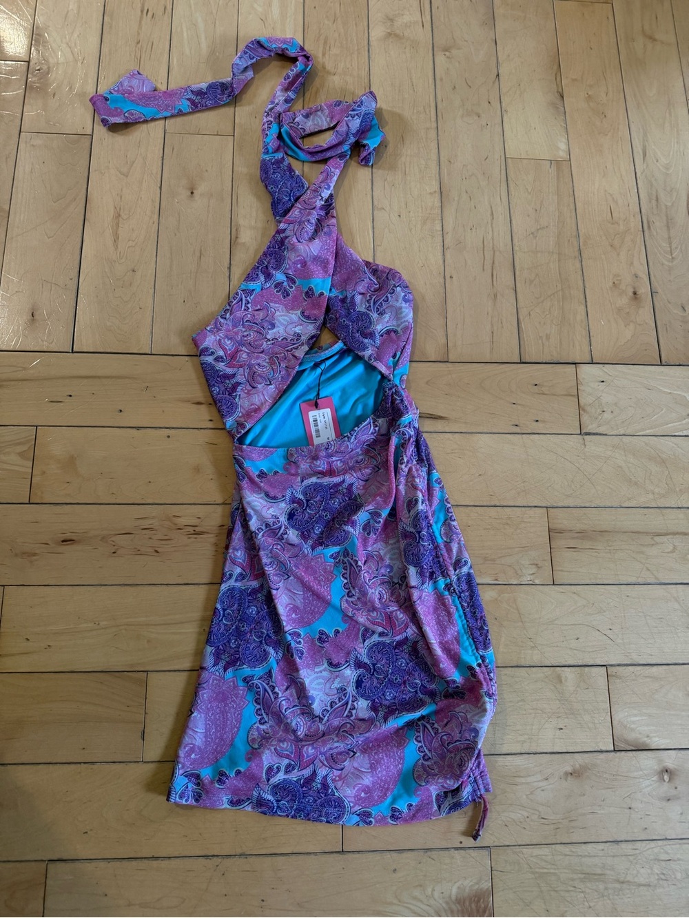 Edikted Halter Paisley Wrap Dress in Purple and Teal